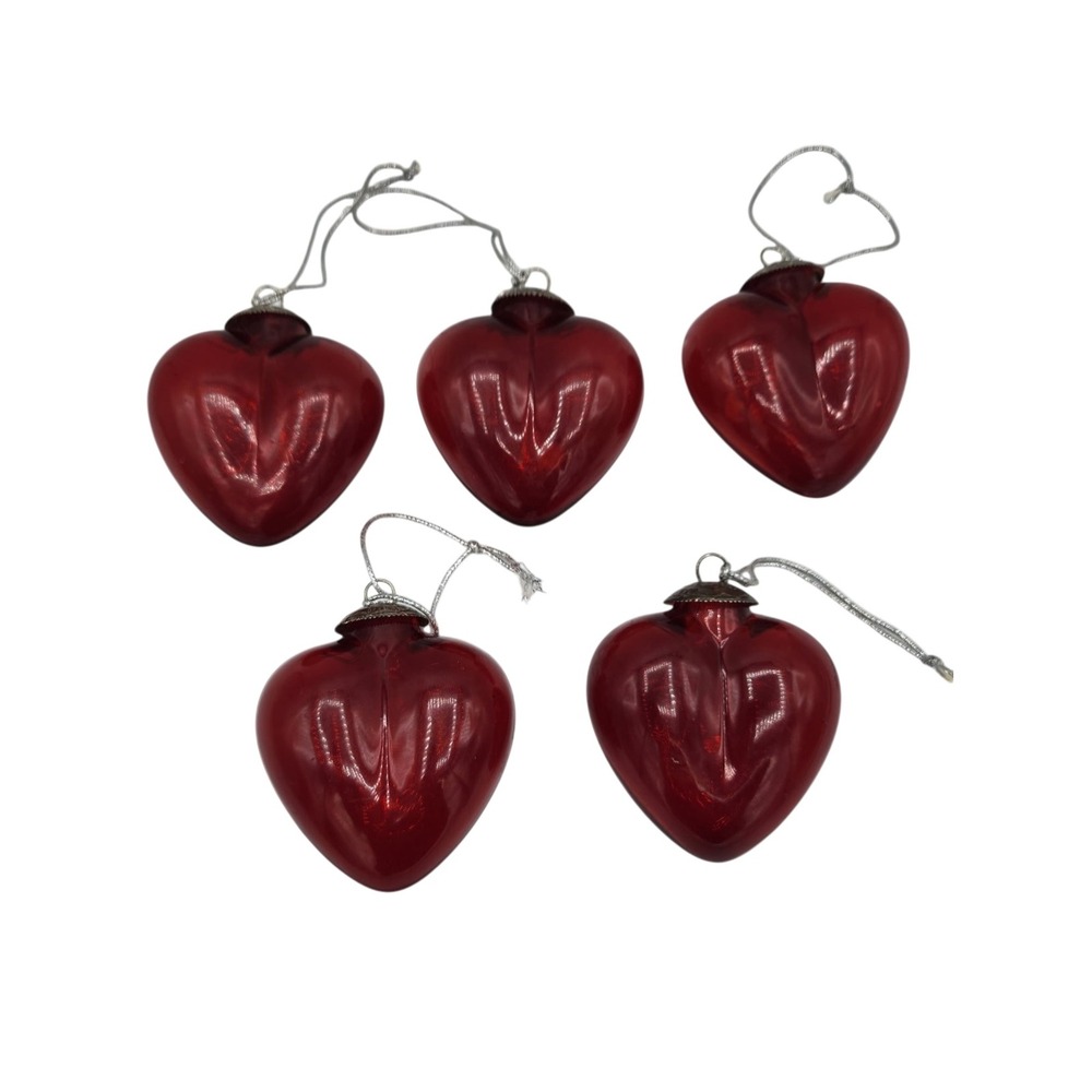 Vintage Midwest Kugel Clear Red Heart Glass Ornaments Metal Cap Lot Of 5